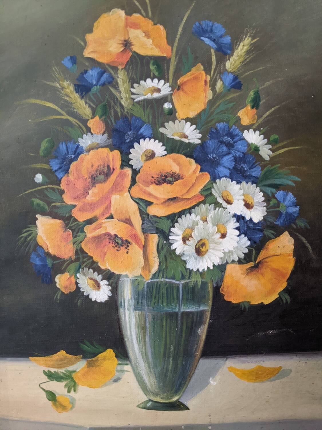 Antique still life painting, bohemian country decor, floral bouquet