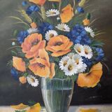 Antique still life painting, bohemian country decor, floral bouquet