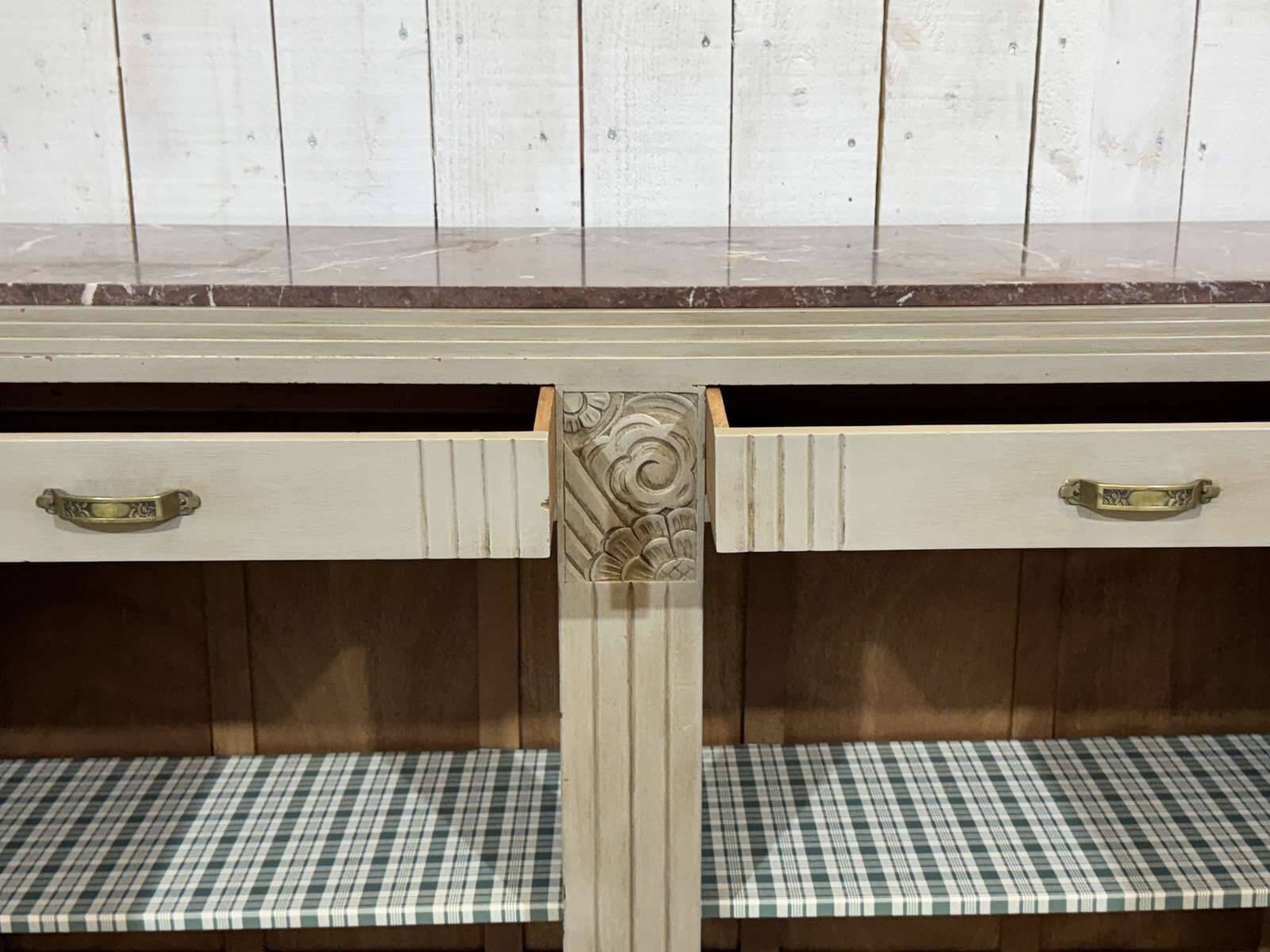 Art Deco sideboard in walnut, oak and marble top.