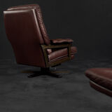 Vintage Mid-Century Scandinavian Modern Brown Leather Executive Swivel Chair & Ottoman, 1970s