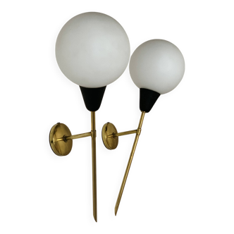 Pair of vintage brass and opaline wall lights