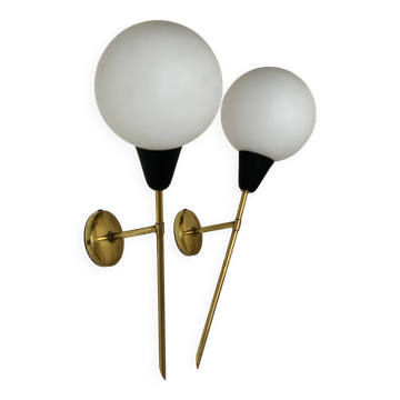 Paire d’appliques murales vintage laiton et opaline
