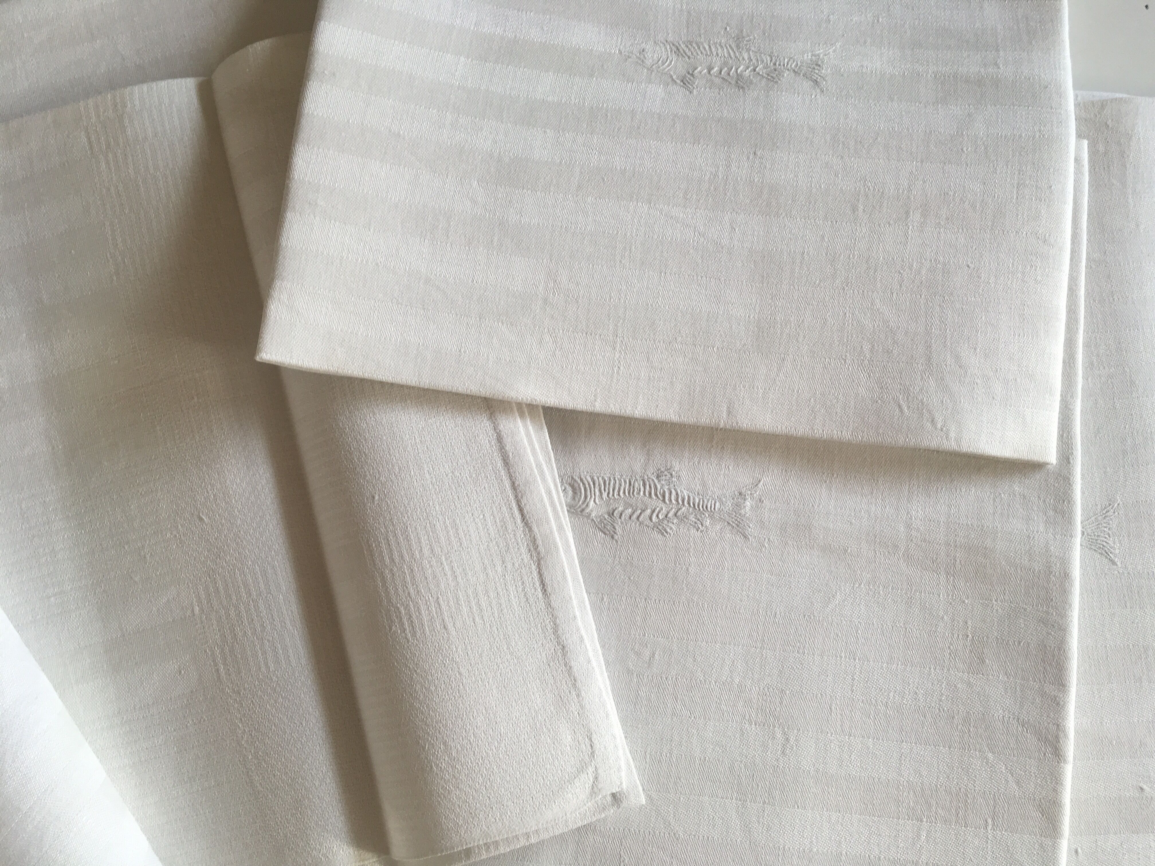 set of 6 19th damask linen napkins embroidered to a fish