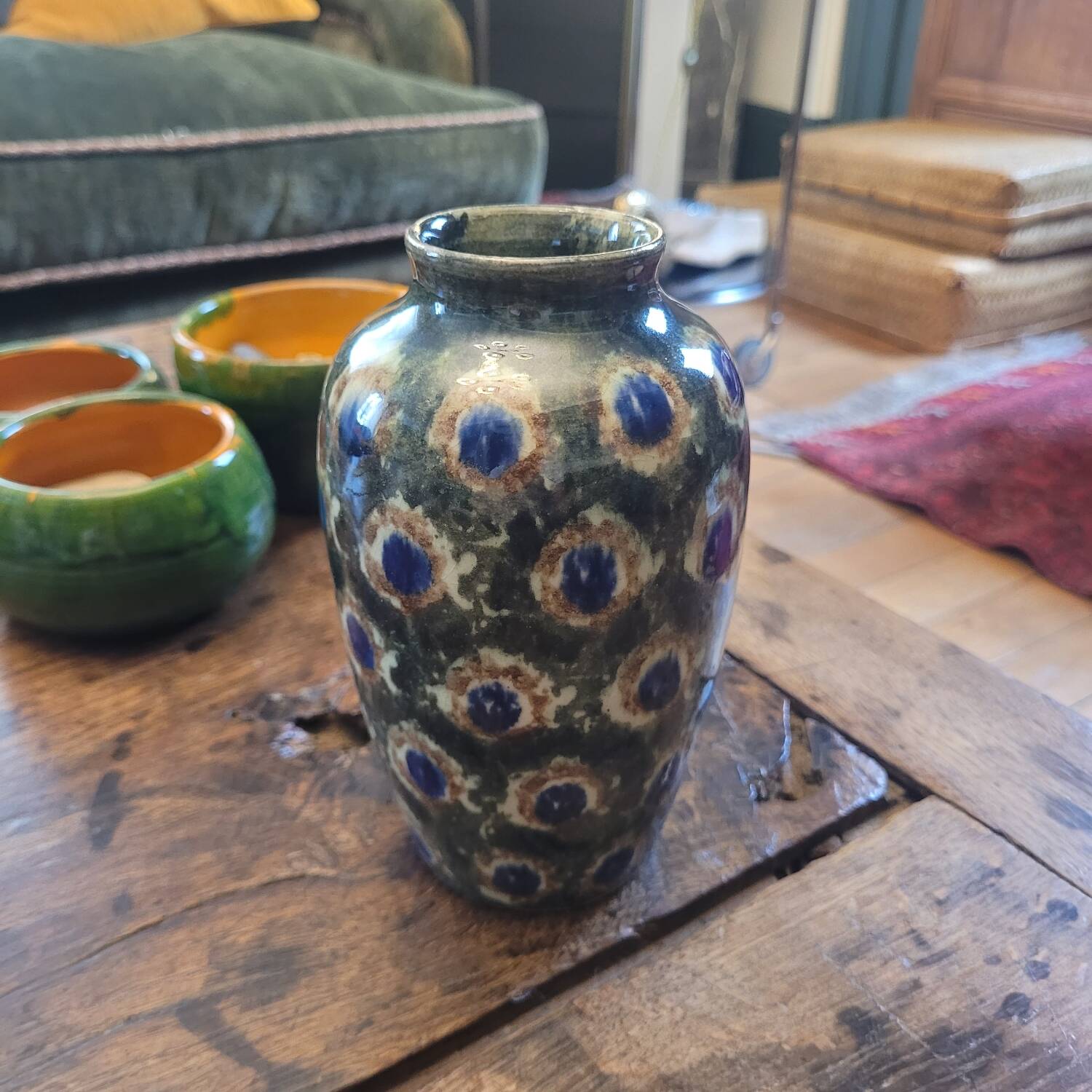 Glazed stoneware vase – “Peacock feathers” motif – 1930/1950 – 16 cm