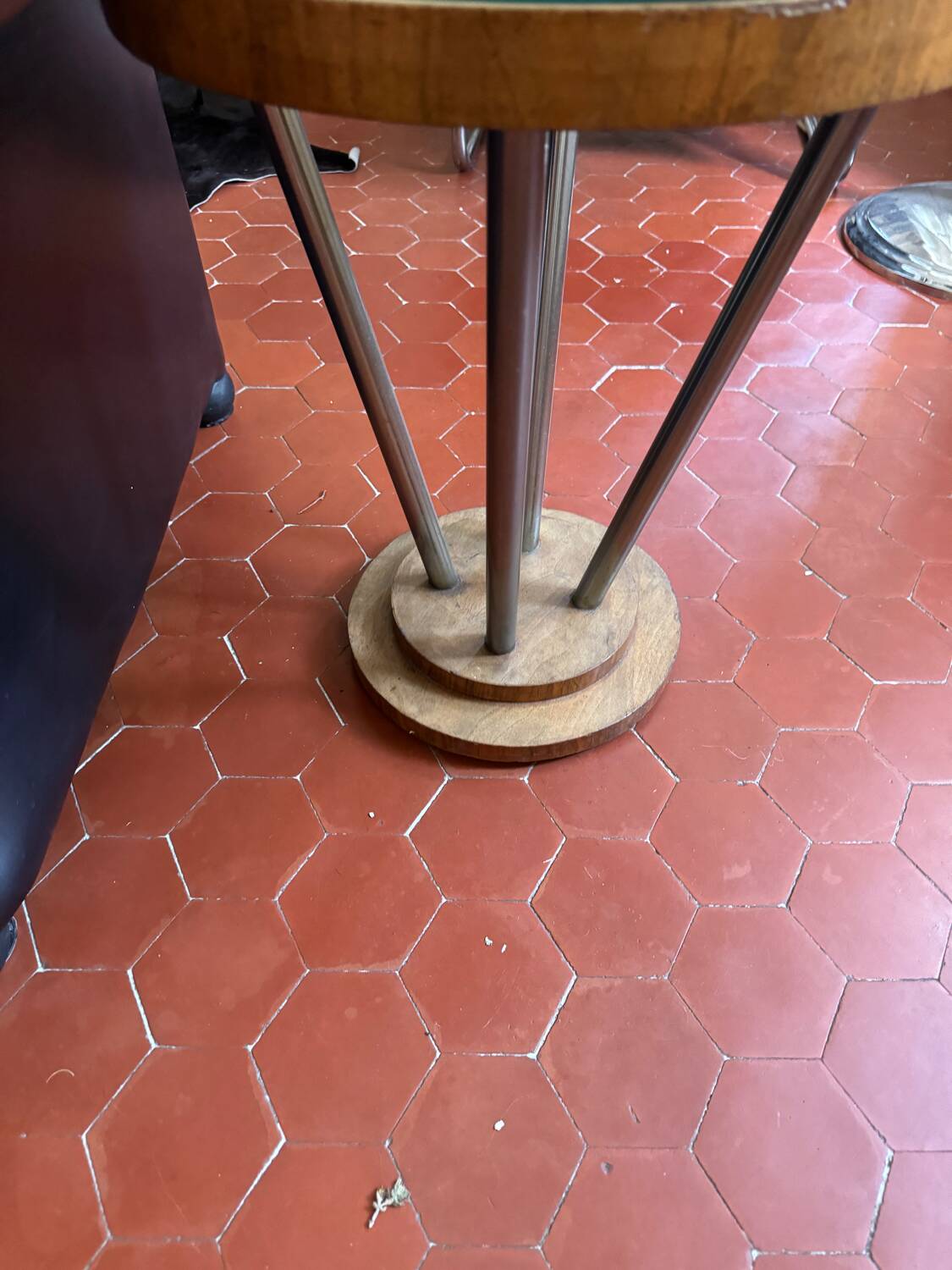 Small wooden and chrome pedestal table from the 1930s with a glass