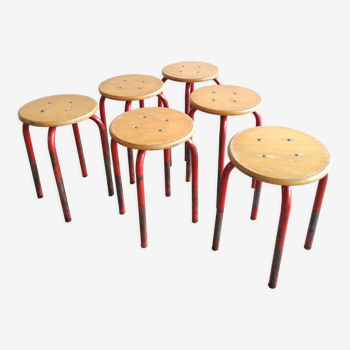 Set of 6 vintage low stools red metal and wood