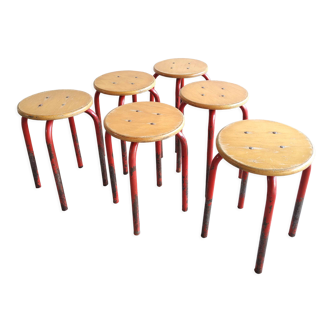 Set of 6 vintage low stools in red metal and wood