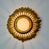 Sun wall lamp by ferro arte, metal and gold leaf and opaline glass, Spain, 1960