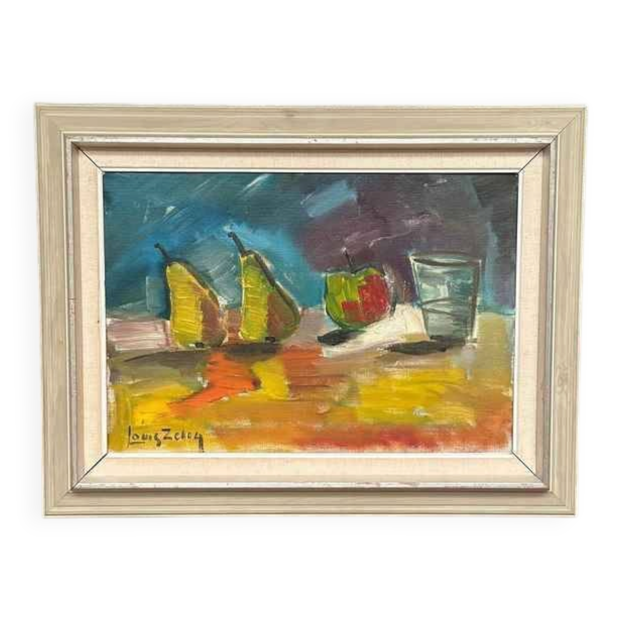 Original Mid Century Oil On Canvas – “Fruit” By Louis Zelig – Vintage & Framed 72 × 55 Cm