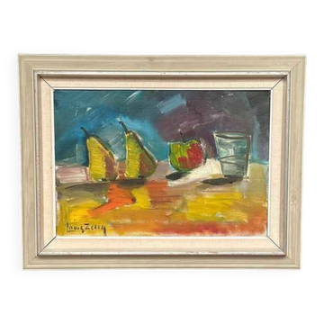 Original Mid Century Oil On Canvas – “Fruit” By Louis Zelig – Vintage & Framed 72 × 55 Cm