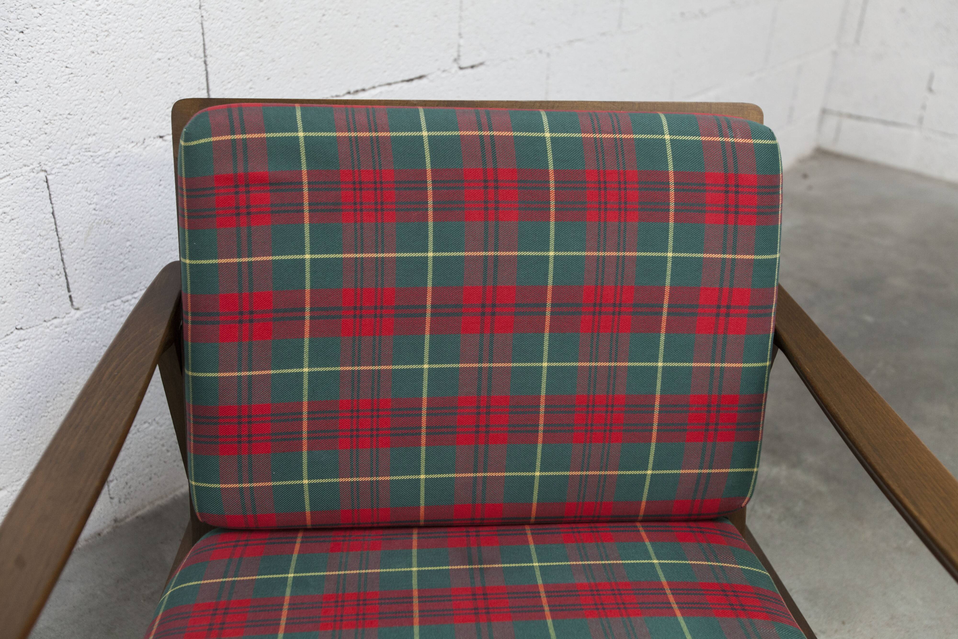 Scandinavian teak armchair, 1960s, demountable, with tartan fabric