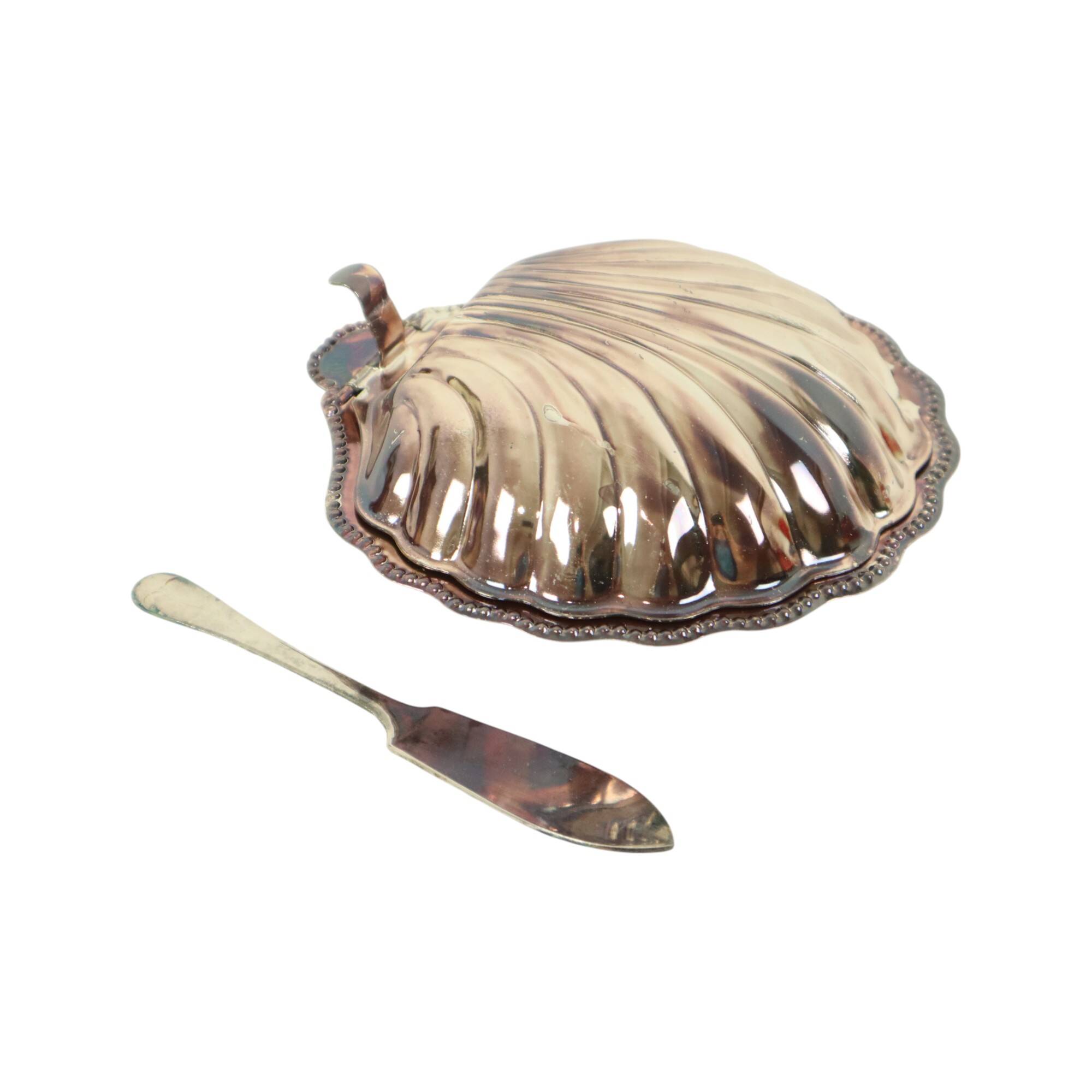 Vintage Scallop Shell Butter Dish Knife Silver Plated Metal Queen Anne