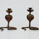 Pair of old bronze cobra candle holders with detailed engraving. Around 1950