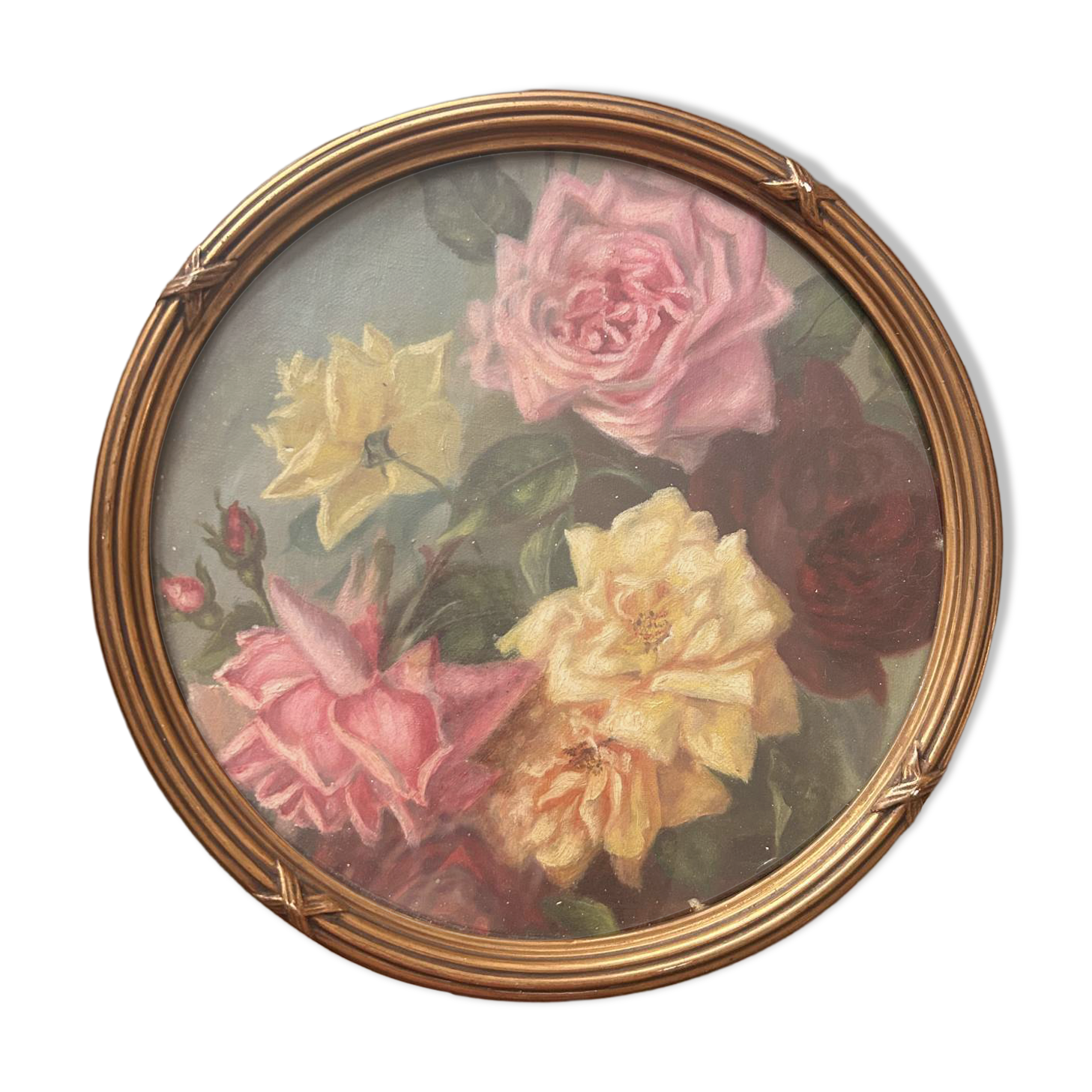 Antique painting of a bouquet of roses, 1900s – glass painting and Louis XVI gilded frame.
