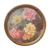 Tableau ancien bouquet de roses, époque 1900 – peinture sous verre et cadre doré Louis XVI