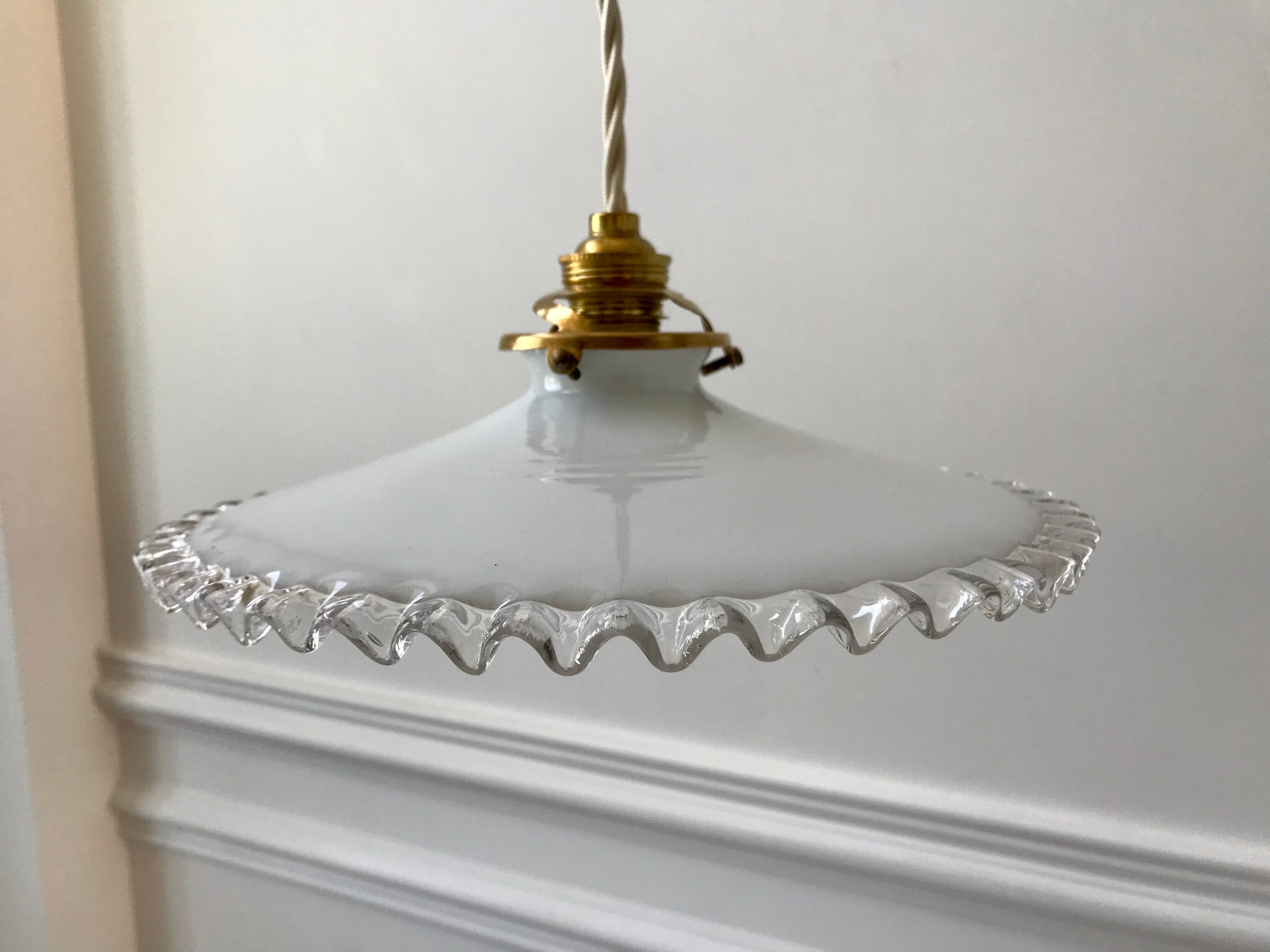 Vintage 50s serrated opaline pendant lamp
