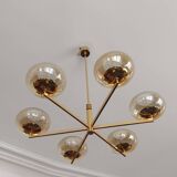 6-light chandelier by Italian designer Gaetano Sciolari gilded with fine gold and iridescent and light amber glass - 1970s - Vintage