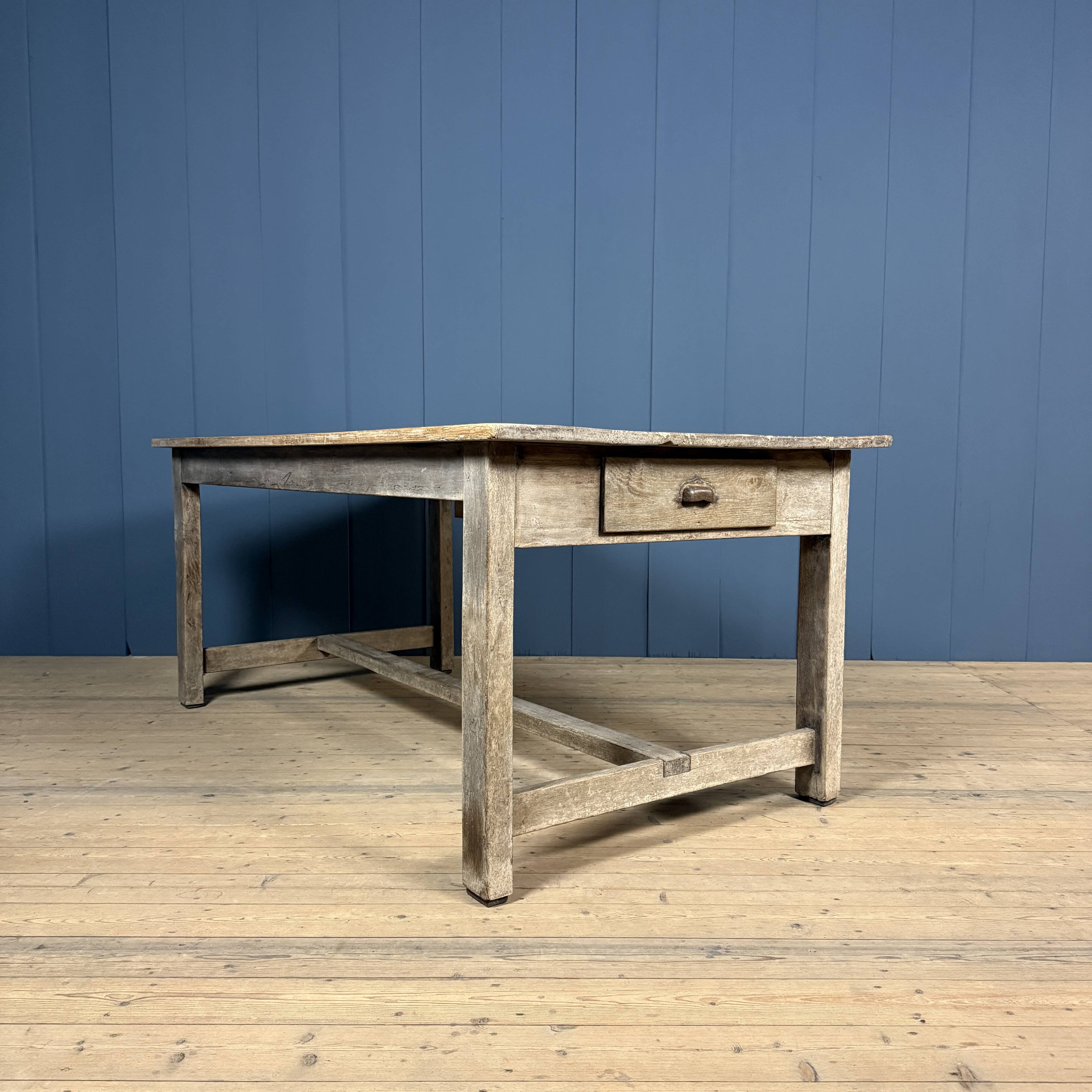 French farmhouse dining table with pine top and oak base