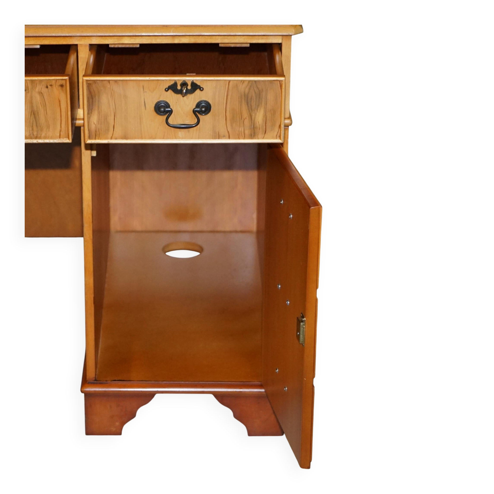 Vintage satin wood partner desk with leather top.