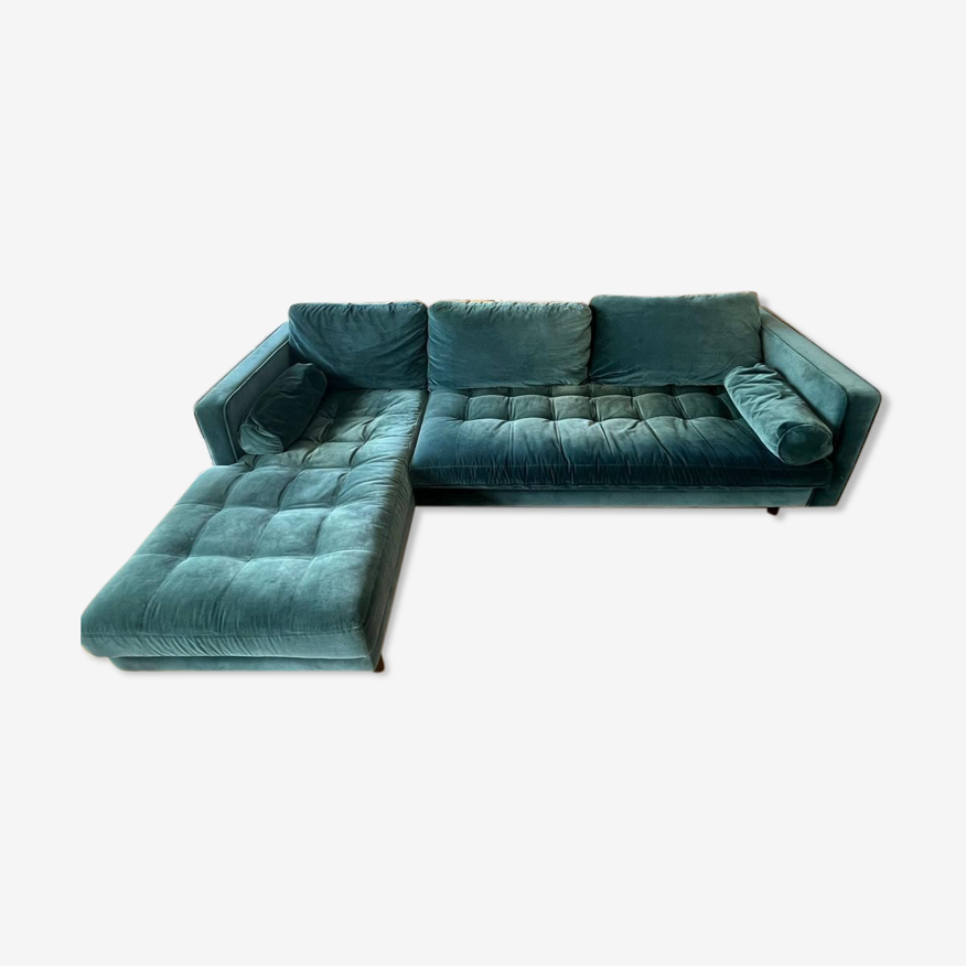 Canapé d'angle 4 places avec méridienne à gauche velours de coton bleu  pétrole | Selency