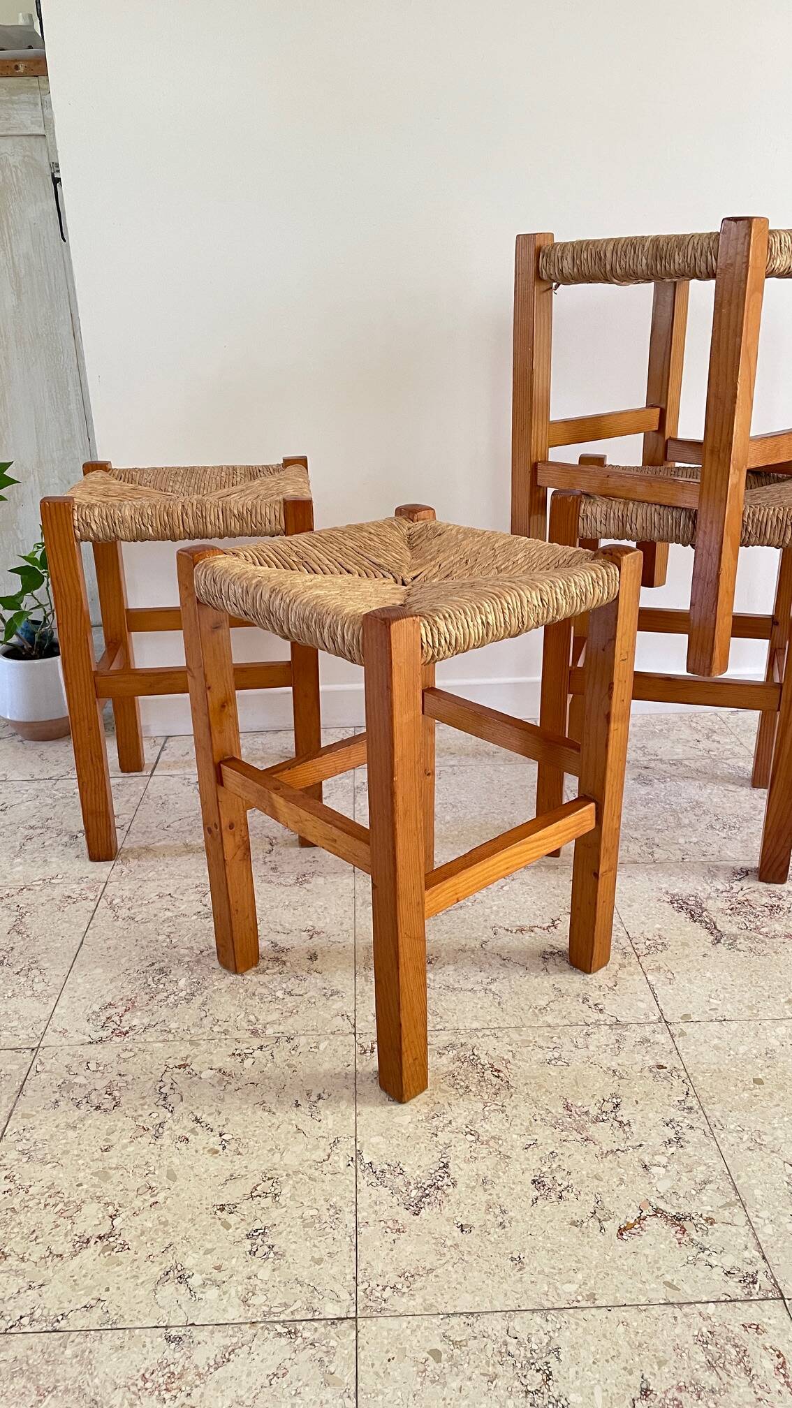 Pair of vintage wooden and straw stools