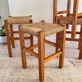 Pair of vintage wooden and straw stools