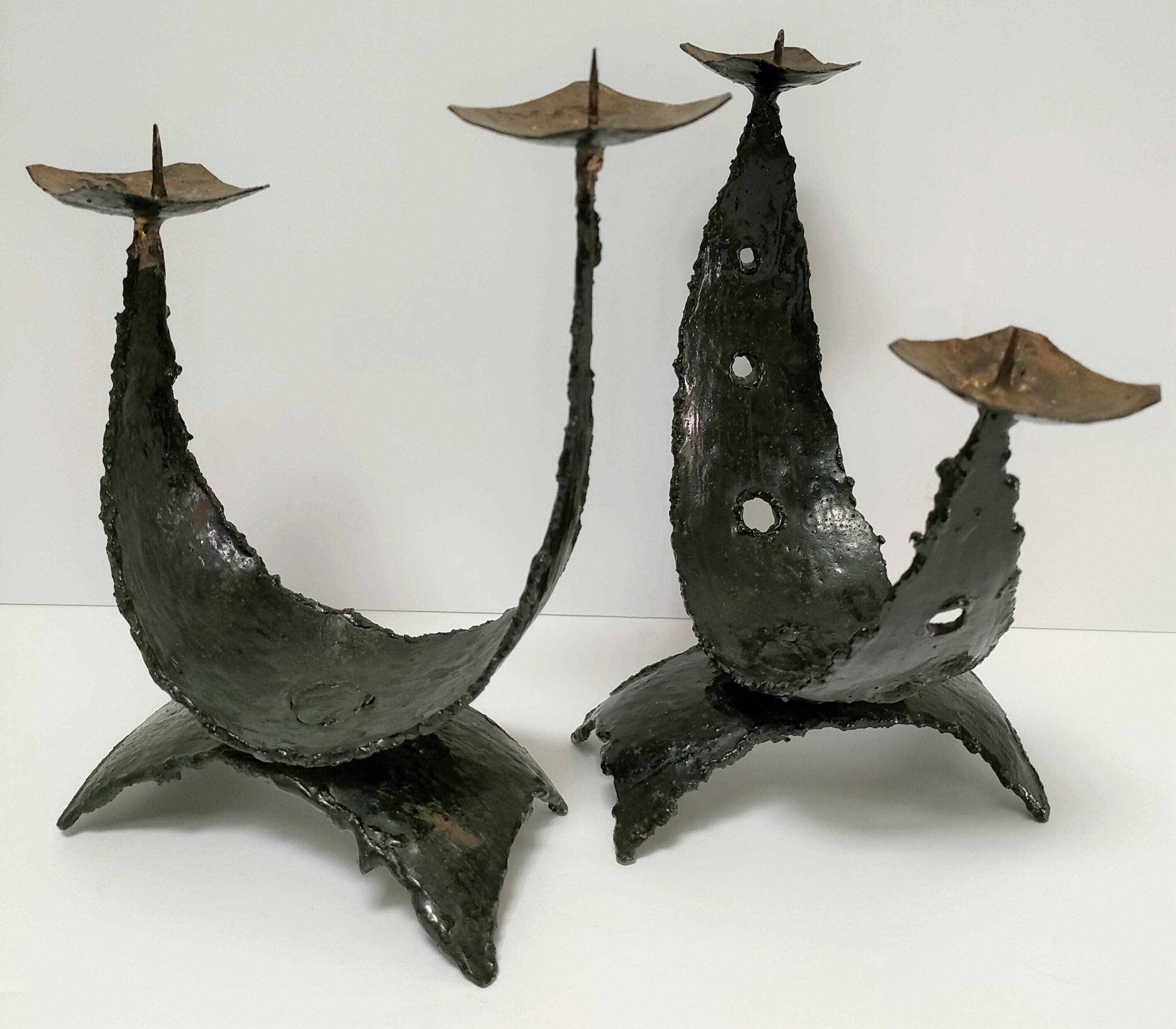 Pair of brutalist design metal candlesticks