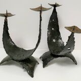 Pair of brutalist design metal candlesticks