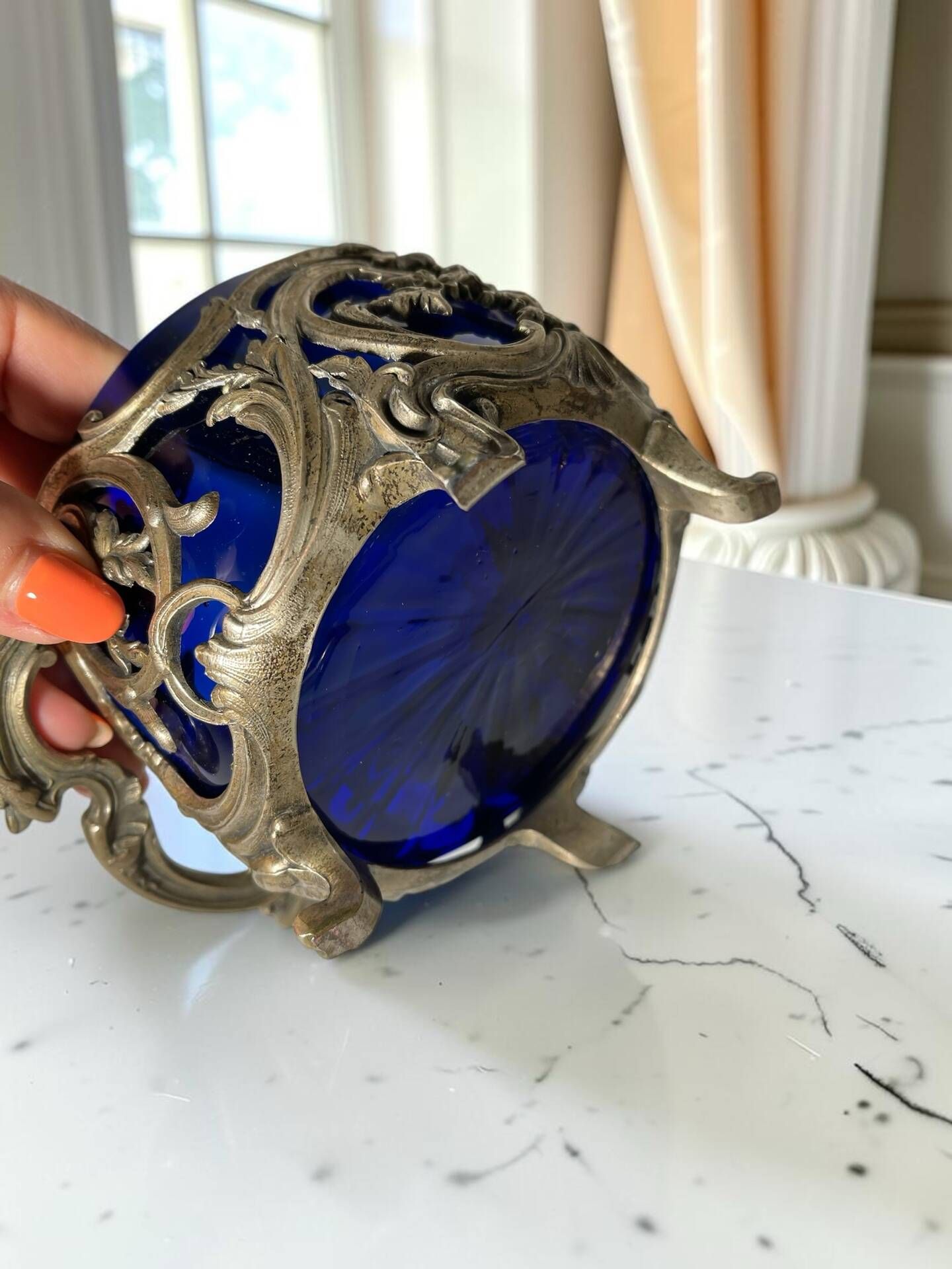 Antique cobalt blue glass biscuit barrel with ornate metal – Louis style