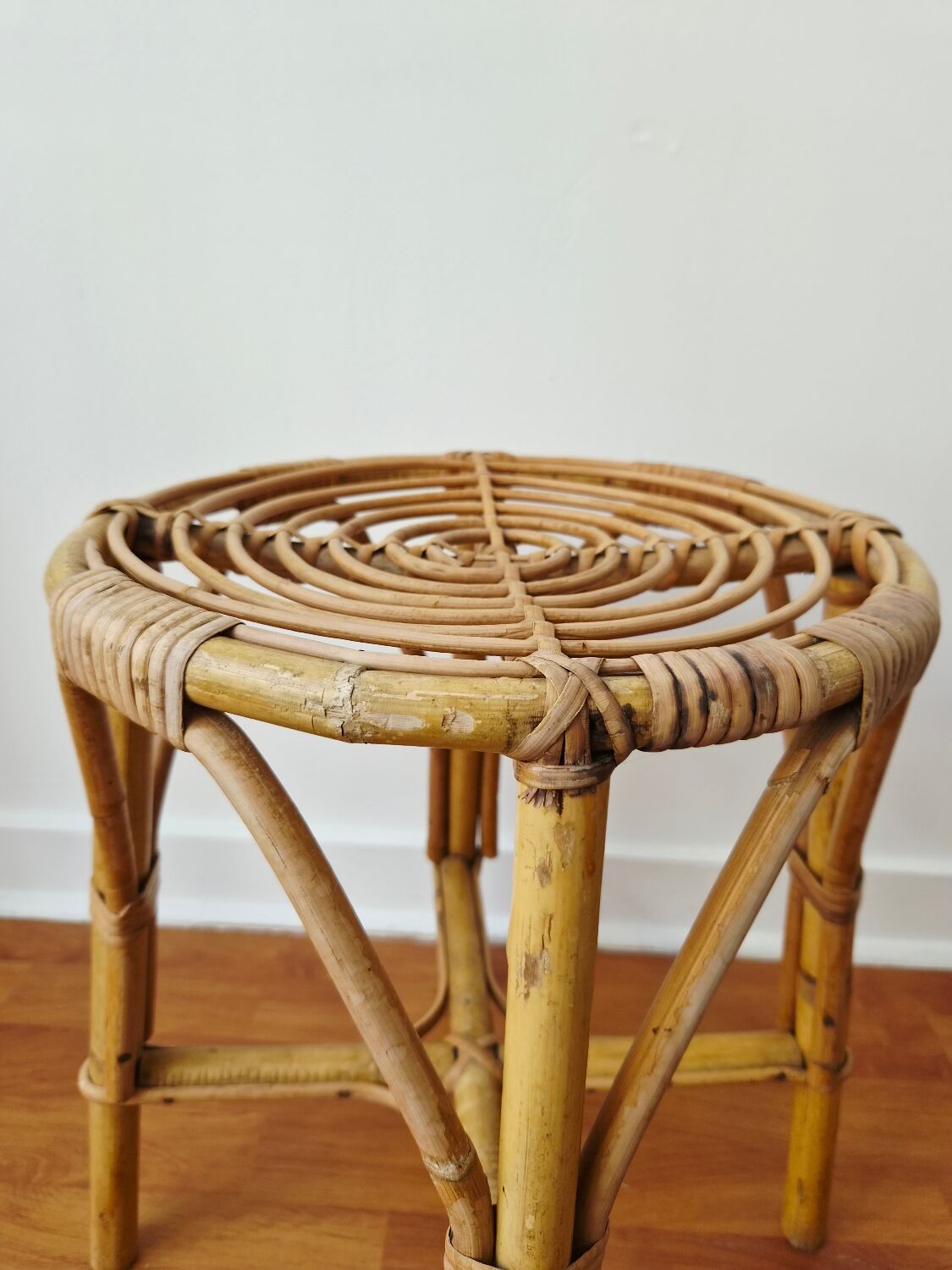 Vintage rattan stool in retro bohemian style - 1950s/1960s -