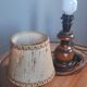 Bedside lamp wooden foot, clip jute lampshade, seventies
