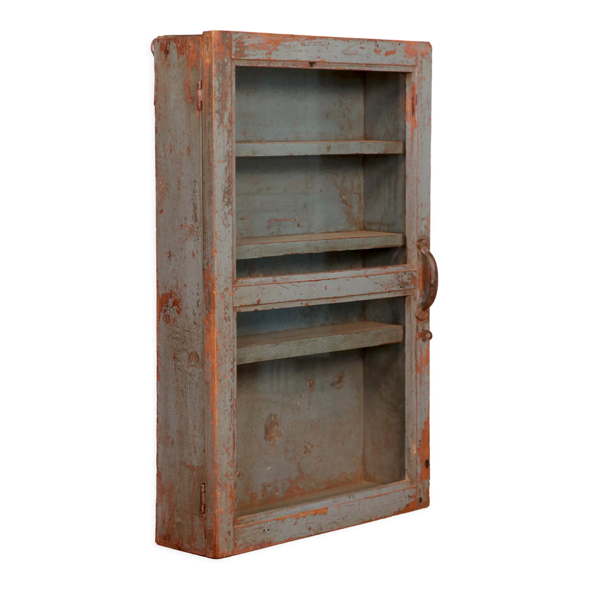 Old original grey-blue patina Burmese teak wall display case