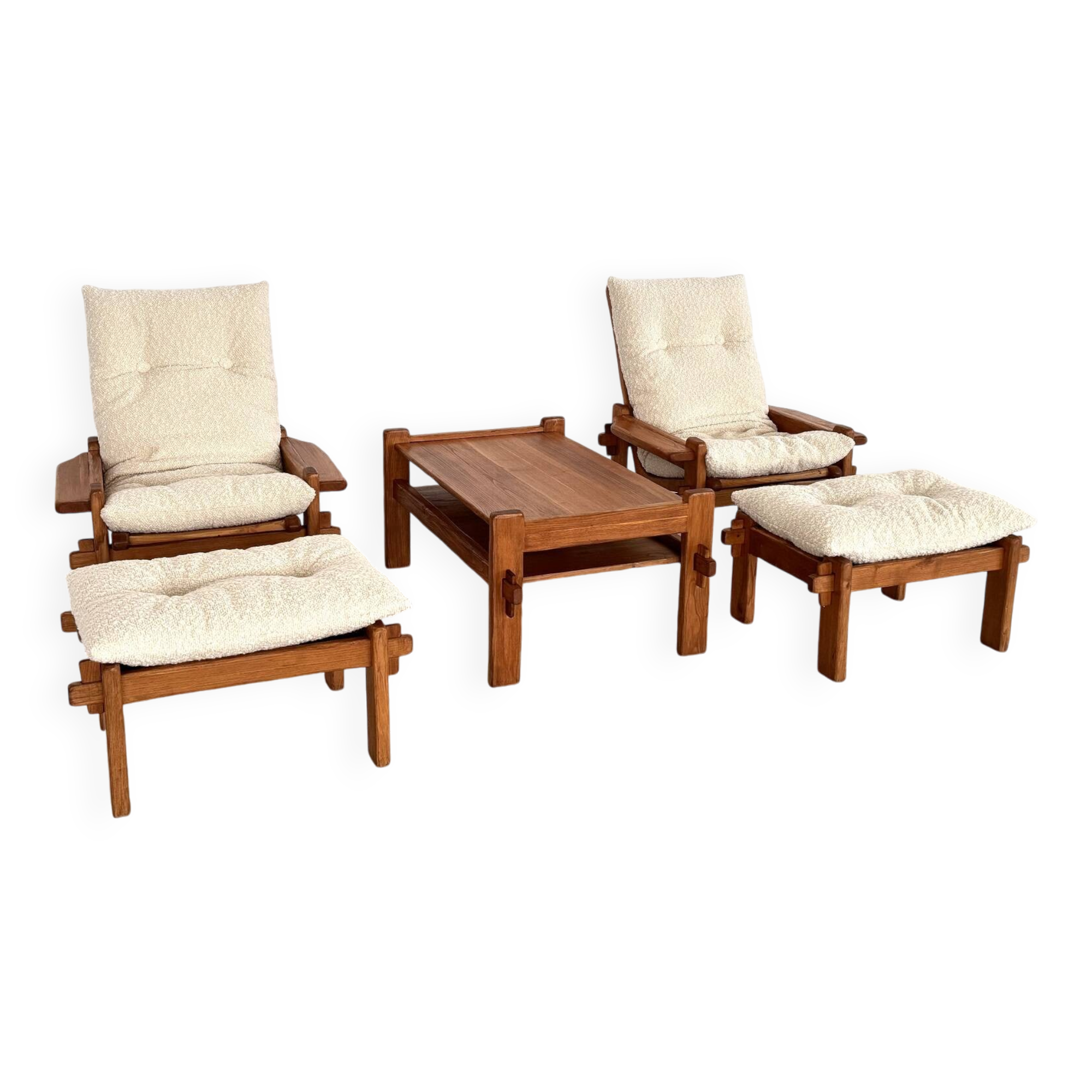 Salon de campagne italien en chêne avec nouveau revêtement en tissu bouclé, années 1970