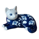 Statuette chat en porcelaine blanche et bleue Villeroy & Boch signé Gallo