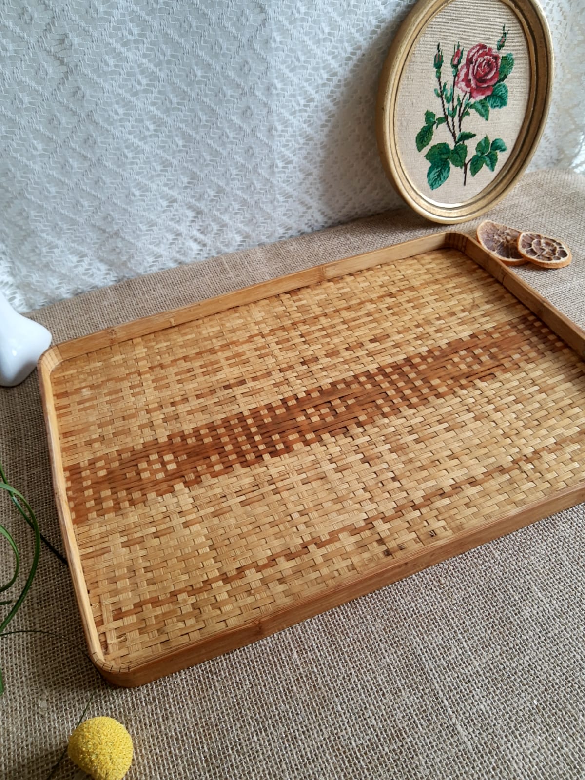 Rectangular braided bamboo top - vintage