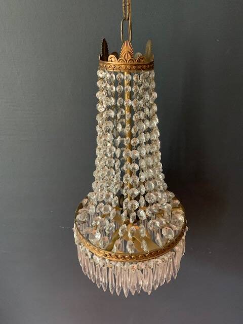 Antique hot air balloon chandelier in brass and crystal, 3 lights, 1920s