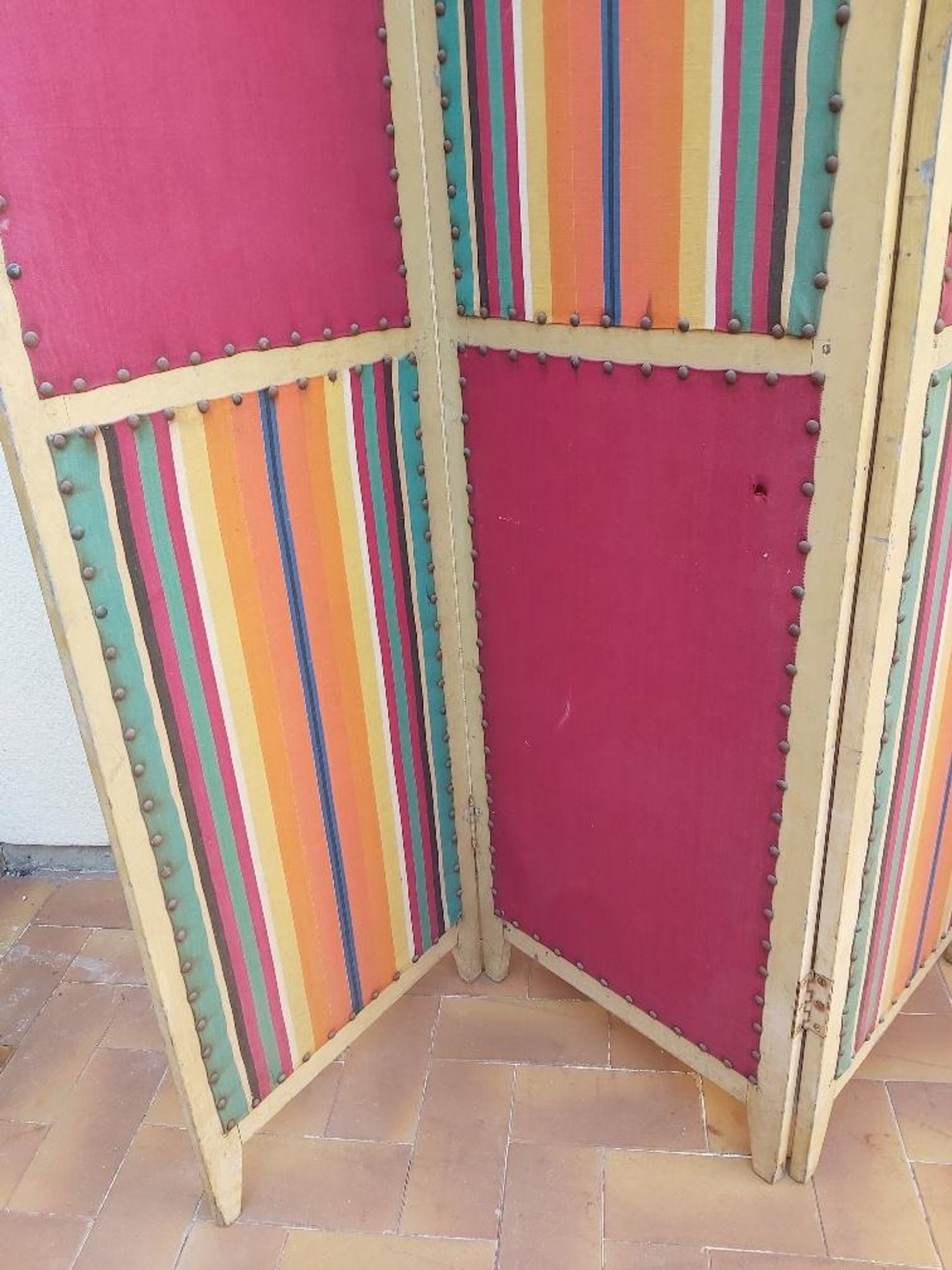 Paravent ancien 4 feuilles bois et tissu