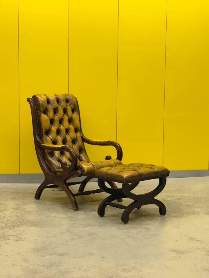 Original English Chesterfield Wingback Chair & Matching Footstool