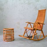 Mid-century bamboo and brass rocking chair and side table from fm, 1950s, set of 2.