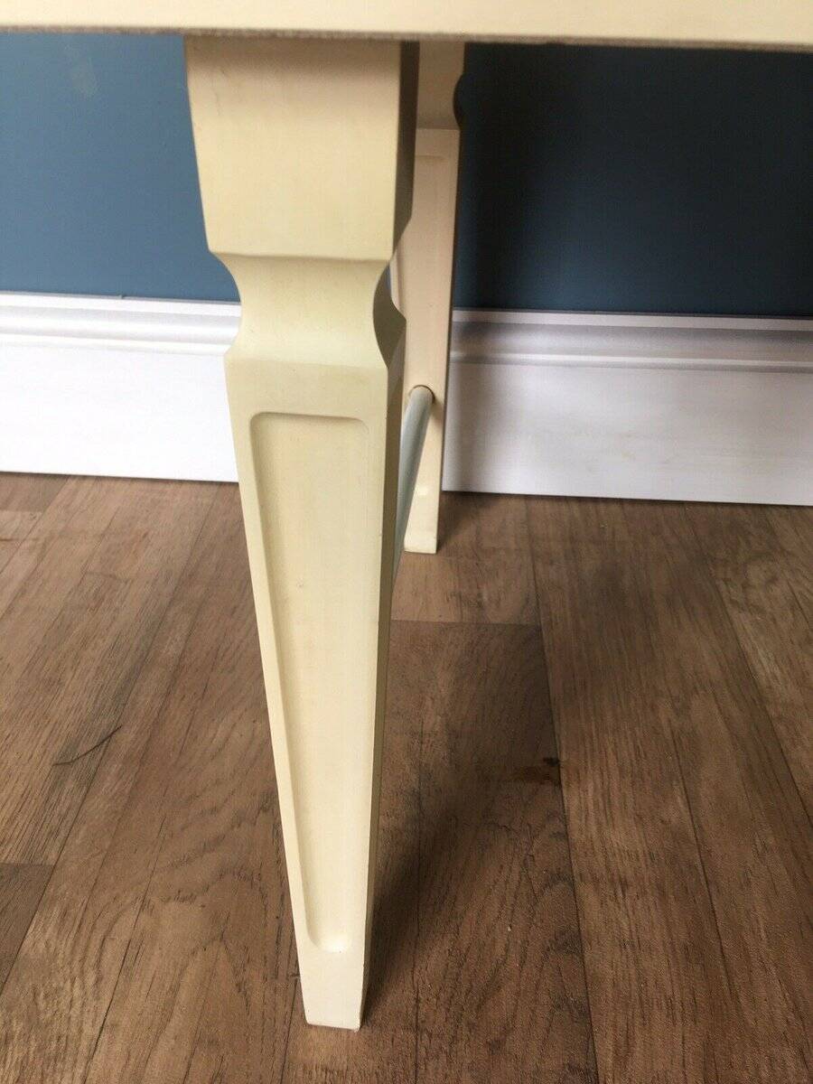 White retro wooden commode in Mid-Century style, tapered legs and gold handles (1960s)