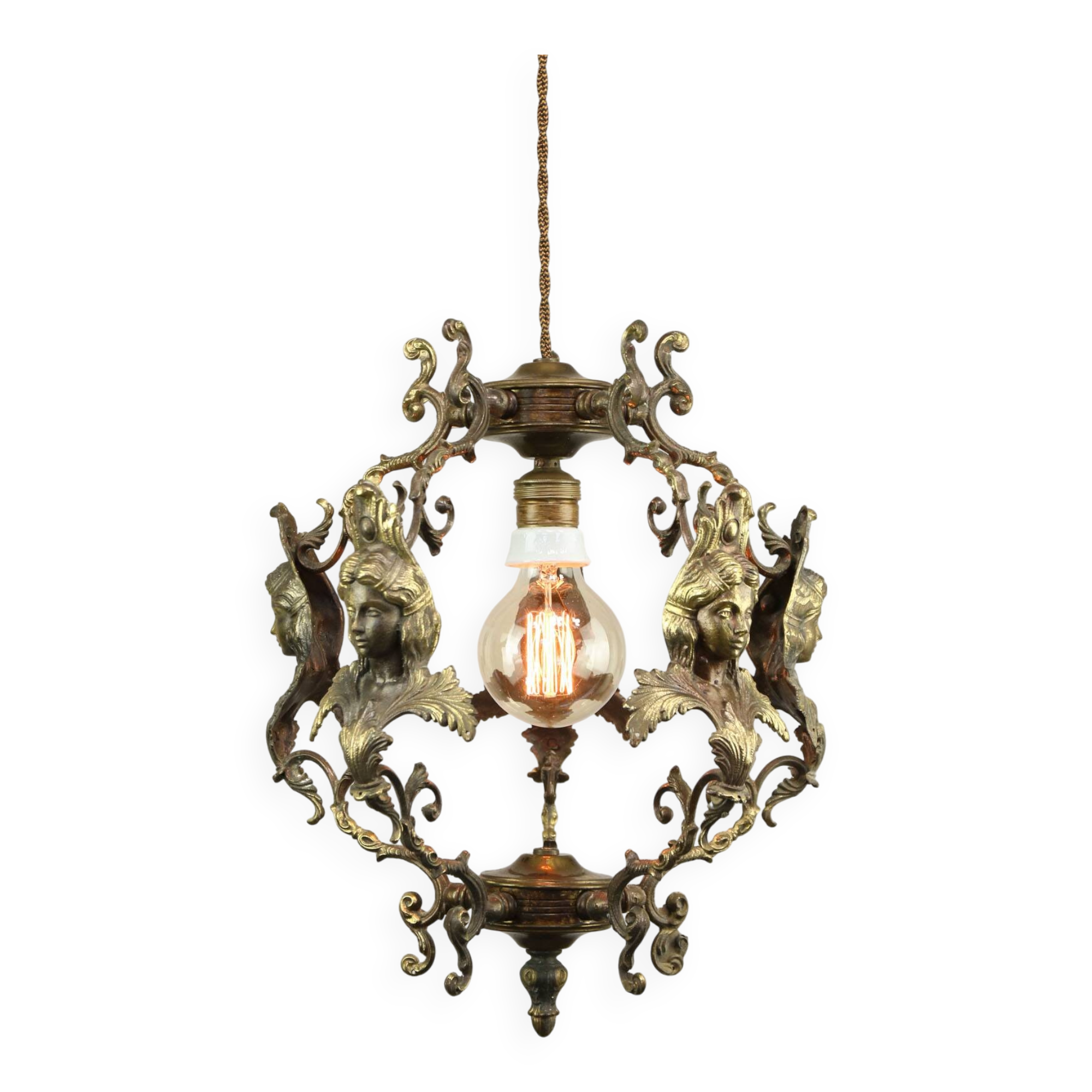 Vintage Patinated Bronze Figural Pendant Lamp