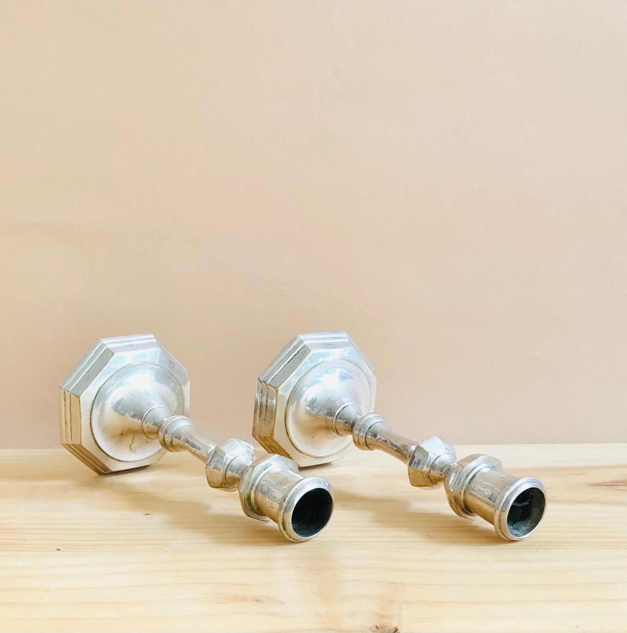 Pair of Pioneer EPNS silver-plated nickel candlesticks