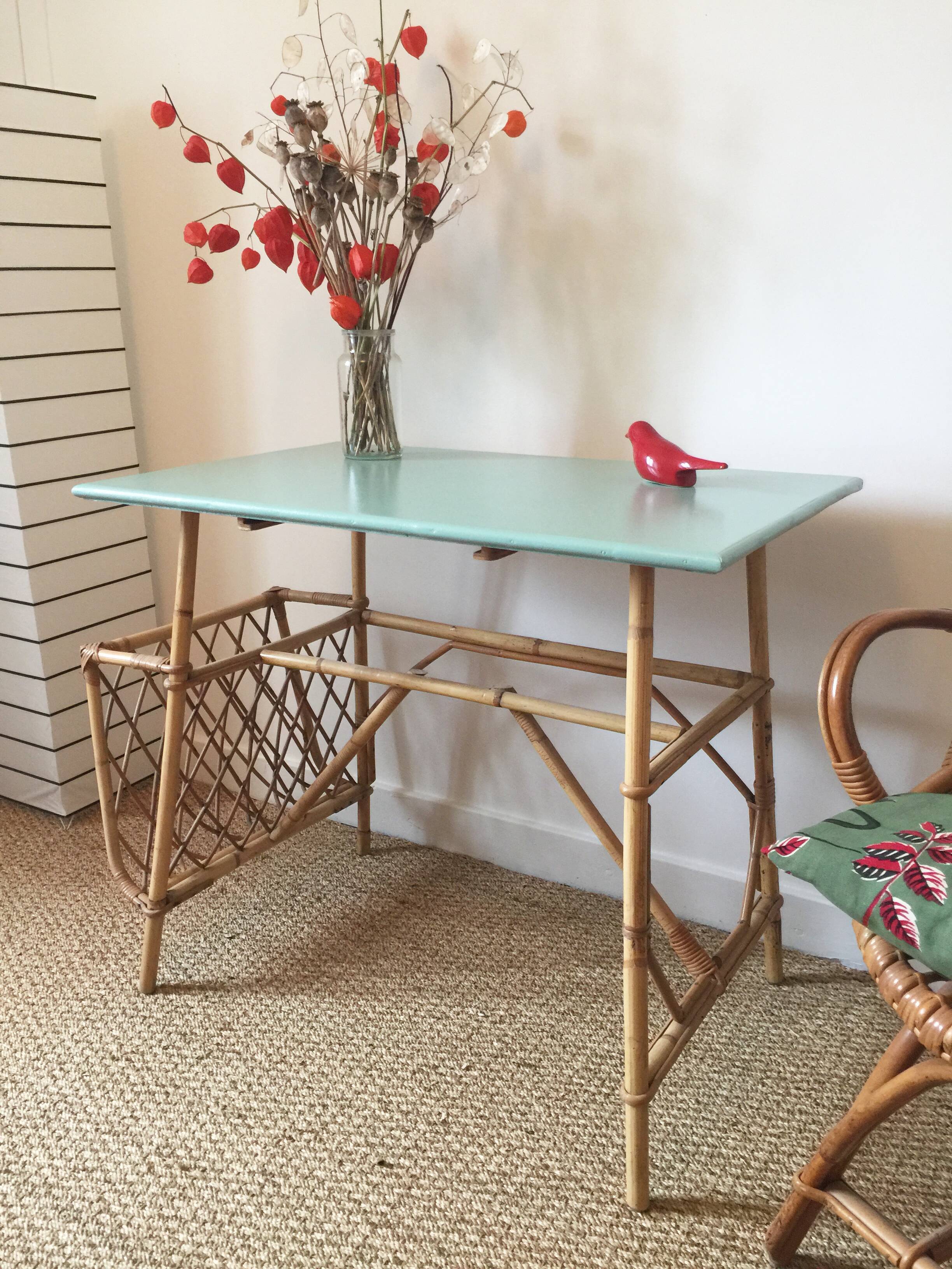 Desk mint green vintage 60s/70s Wicker rattan
