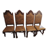 Lot de 4 chaises renaissance espagnole xixe - bois sculpte cuir gaufre
