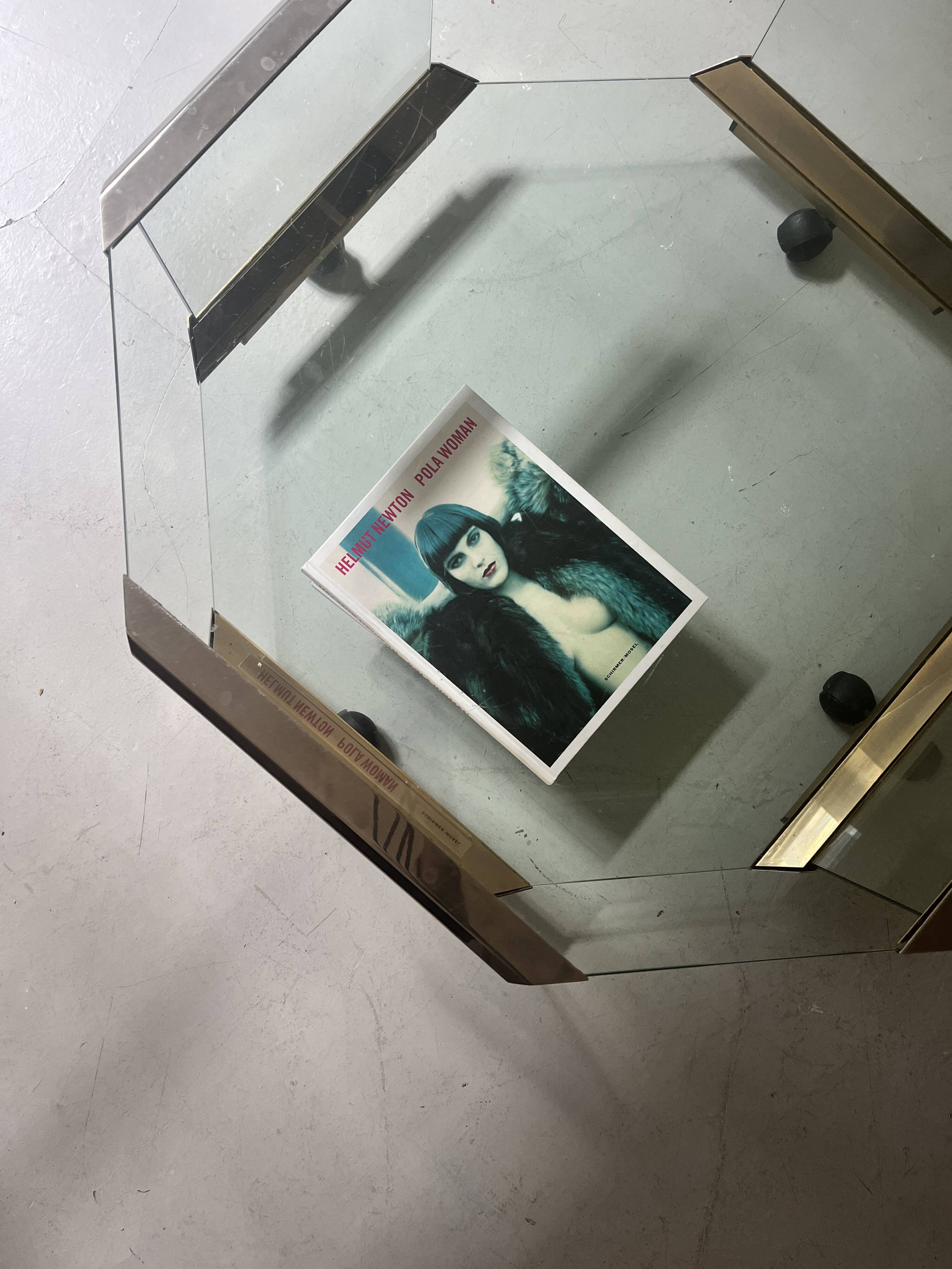 Hexagonal coffee table on wheels in glass and brass by Galloti & Radice, Italy 1970