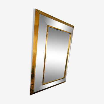 Silver tinted rectangular wall mirror brass frame