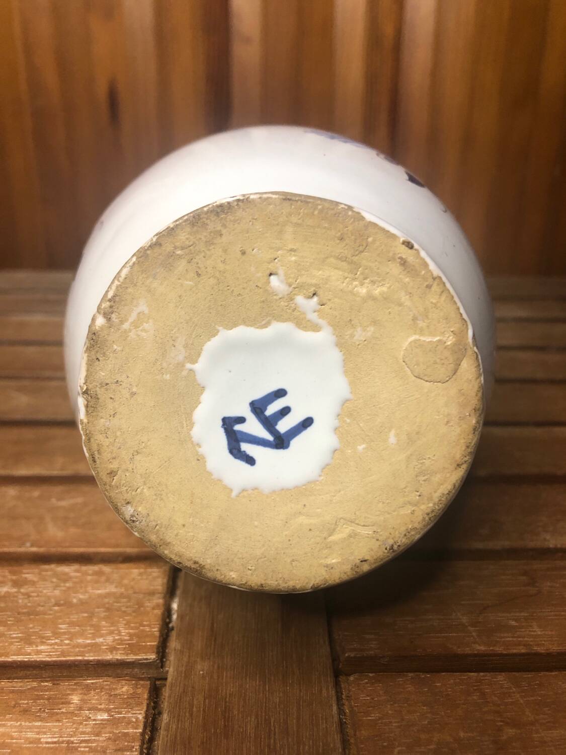 Old white ceramic pitcher vintage painted blue decor #a425