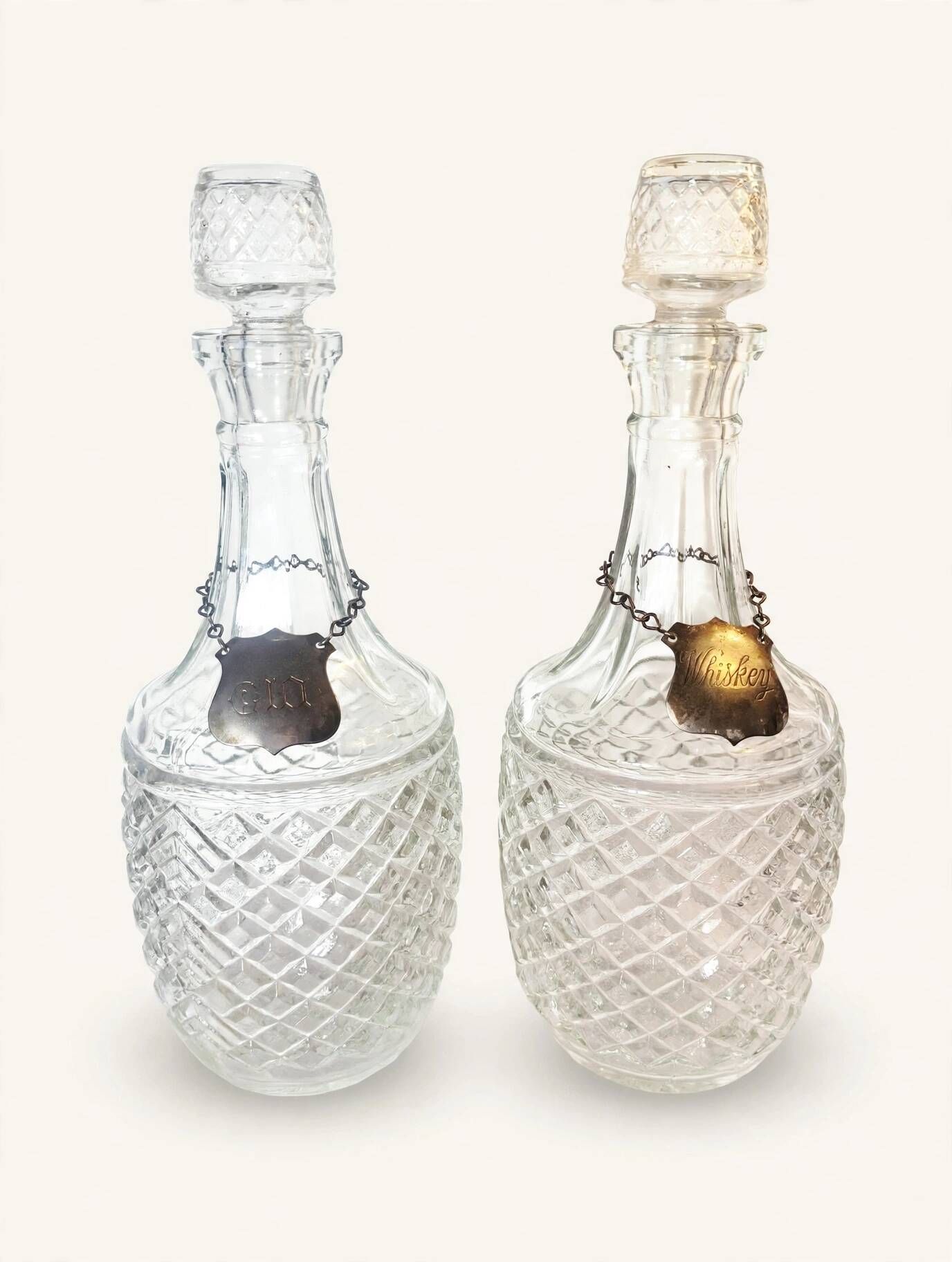 Pair of Vintage 70's Crystal Whisky Gin Decanters