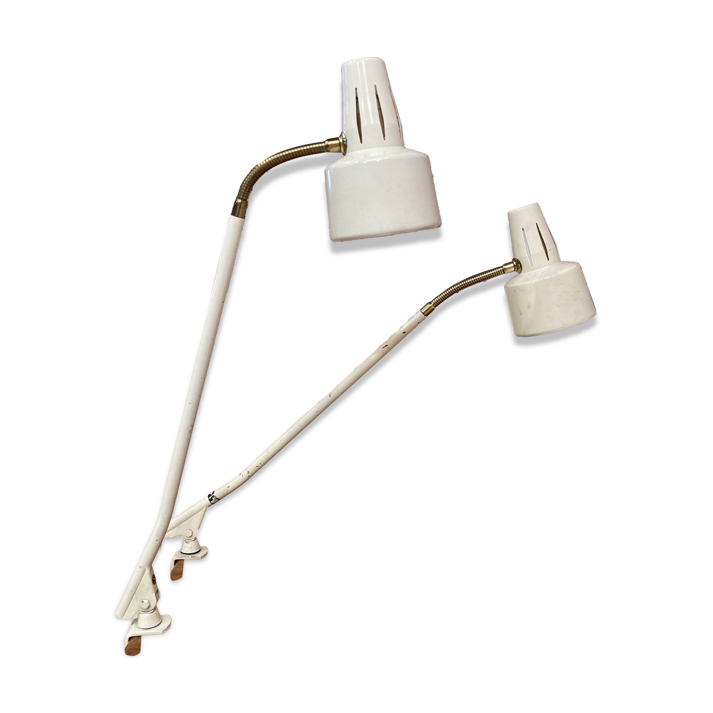 Paire de grandes lampes industrielles modulables 1950.