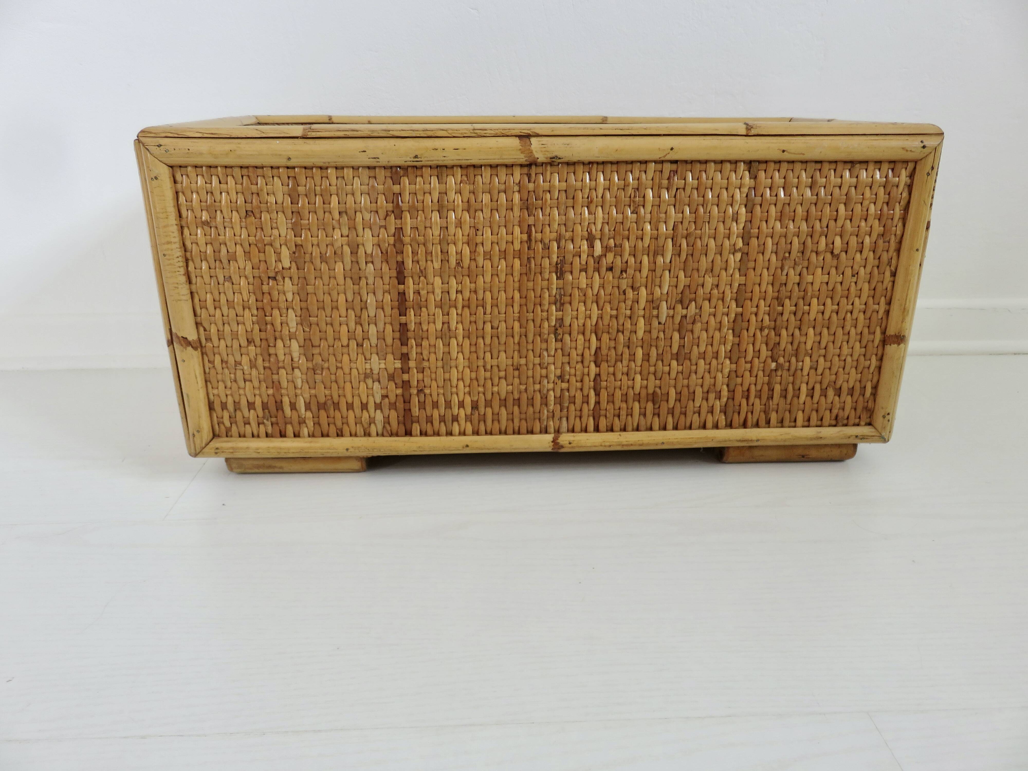 70s woven rattan and bamboo planter